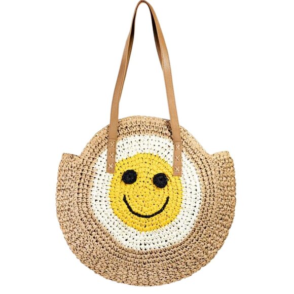 Smiley Happy Face Round Straw Beach Tote Bag NWT - Picture 2 of 5